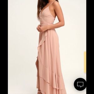 LULU'S In Love Forever Light Blush Lace-Up High-Low Maxi Dress.